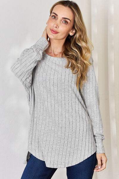 Basic Bae Full Size Ribbed Round Neck Slit T-Shirt - Trendsi - Flyclothing LLC