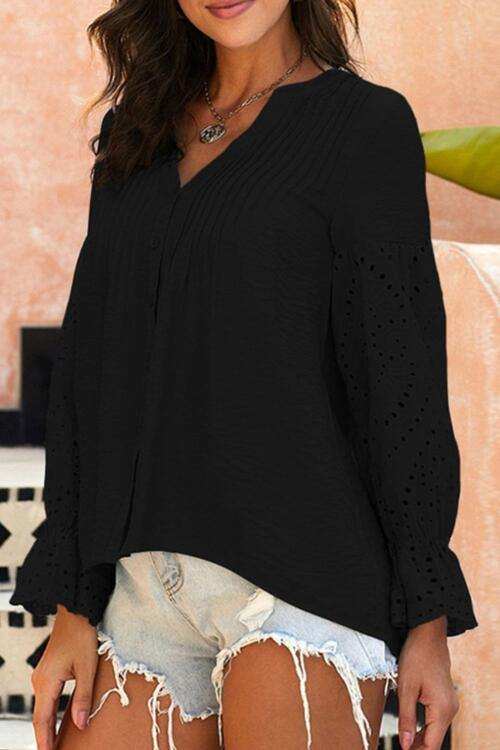 Crochet Flounce Sleeve Button Up Blouse - Trendsi - Flyclothing LLC