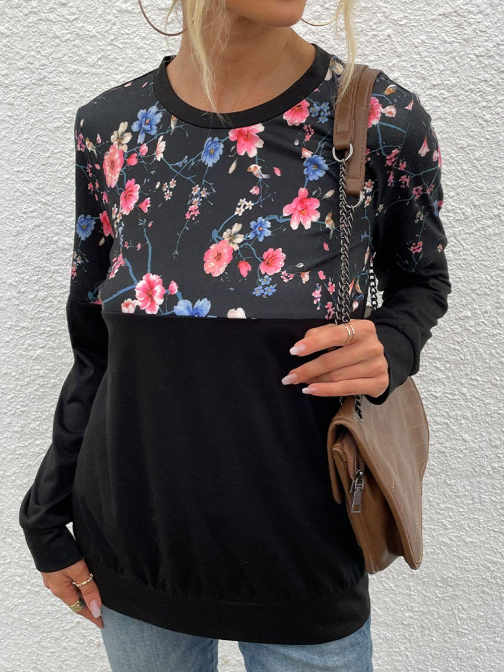 Floral Print Round Neck Dropped Shoulder Tee - Trendsi