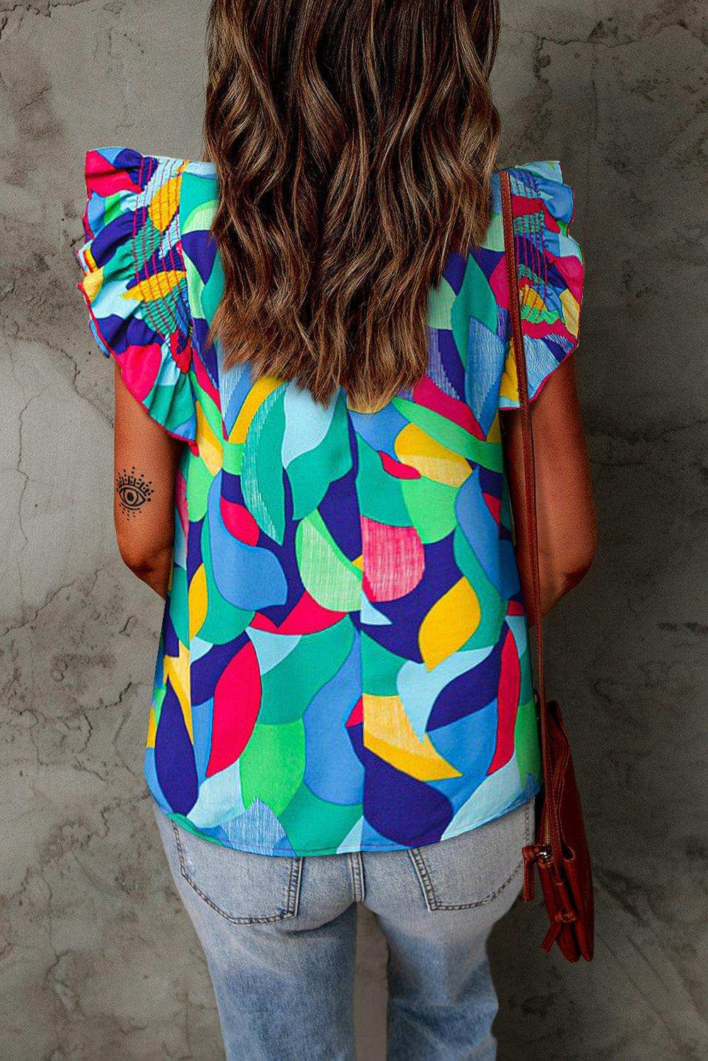 Printed Round Neck Butterfly Sleeve Top - Trendsi - Flyclothing LLC