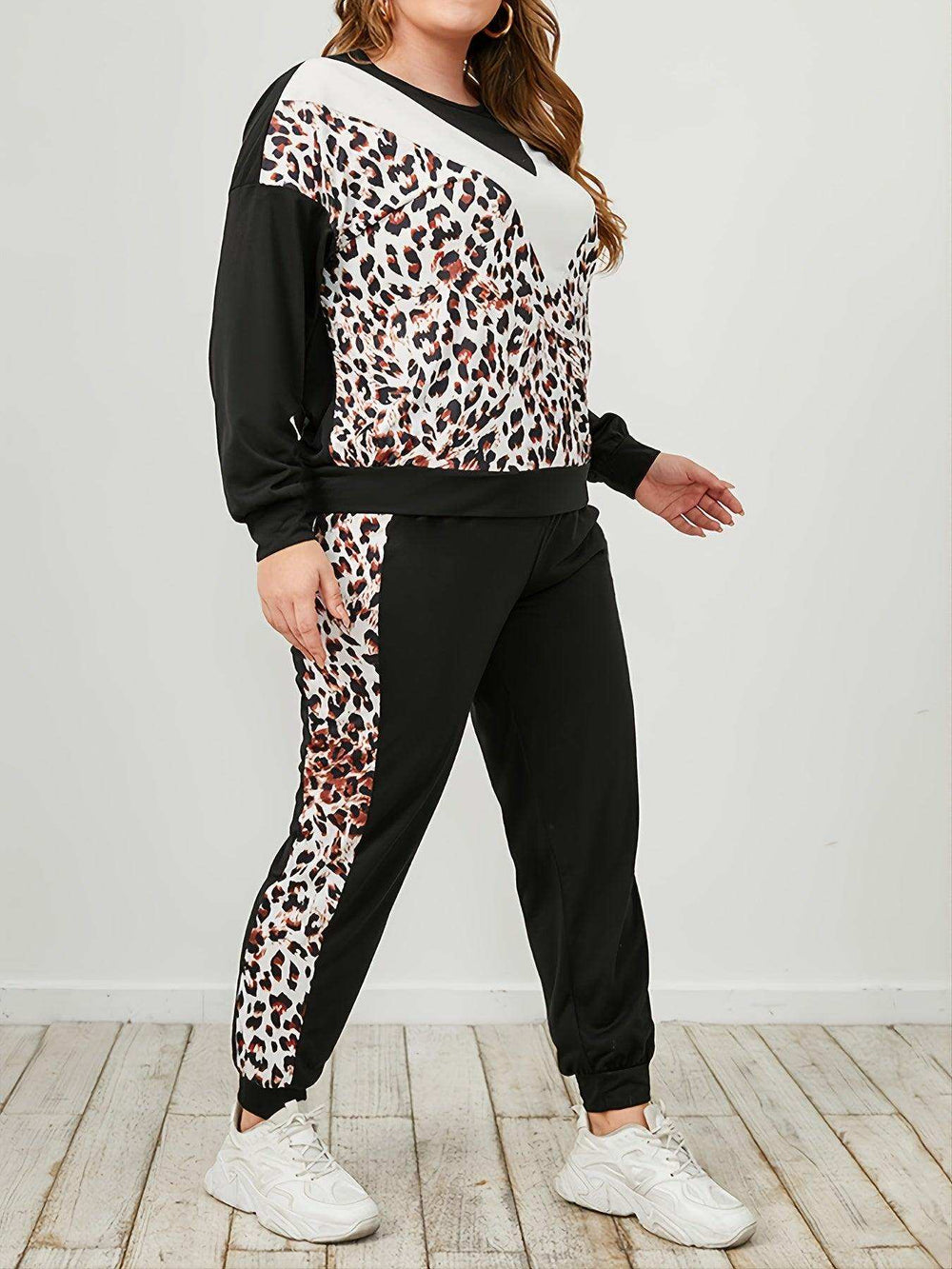 Plus Size Leopard Sweatshirt and Sweatpants Set - Trendsi - Flyclothing LLC
