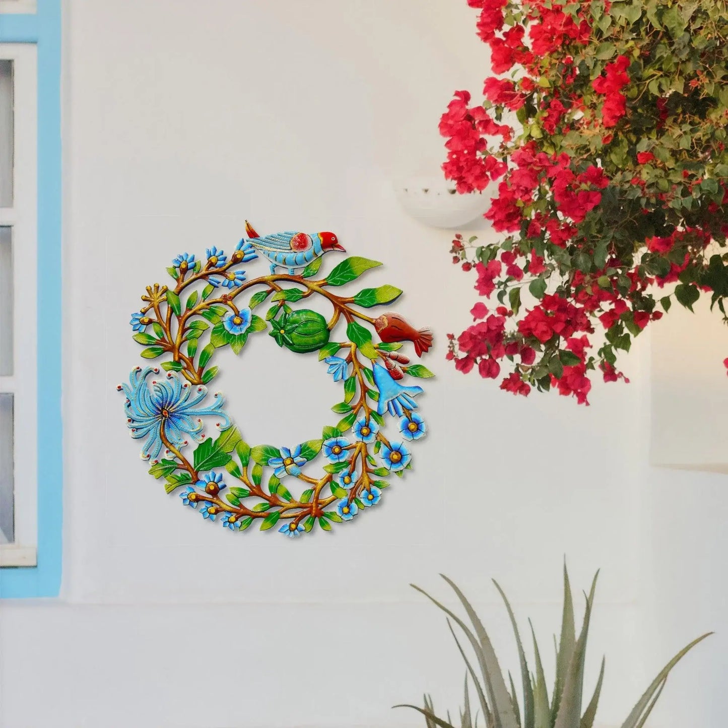 Blue Bird Door Wreath Haitian Metal Drum Wall Art - Haitian Artisans - Flyclothing LLC