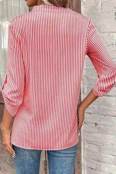 Striped Notched Roll-Tab Sleeve Shirt - Trendsi - Flyclothing LLC