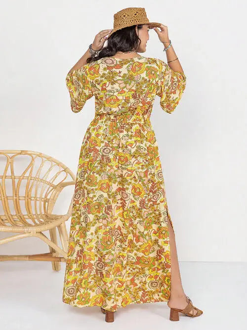 Floral V-Neck Short Sleeve Slit Dress - Trendsi - Flyclothing LLC