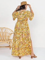 Floral V-Neck Short Sleeve Slit Dress - Trendsi - Flyclothing LLC