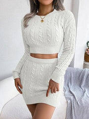 Cable-Knit Round Neck Top and Skirt Sweater Set - Trendsi