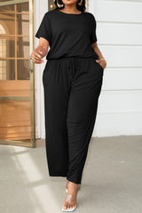 Plus Size Drawstring Waist Short Sleeve Jumpsuit - Flyclothing LLC