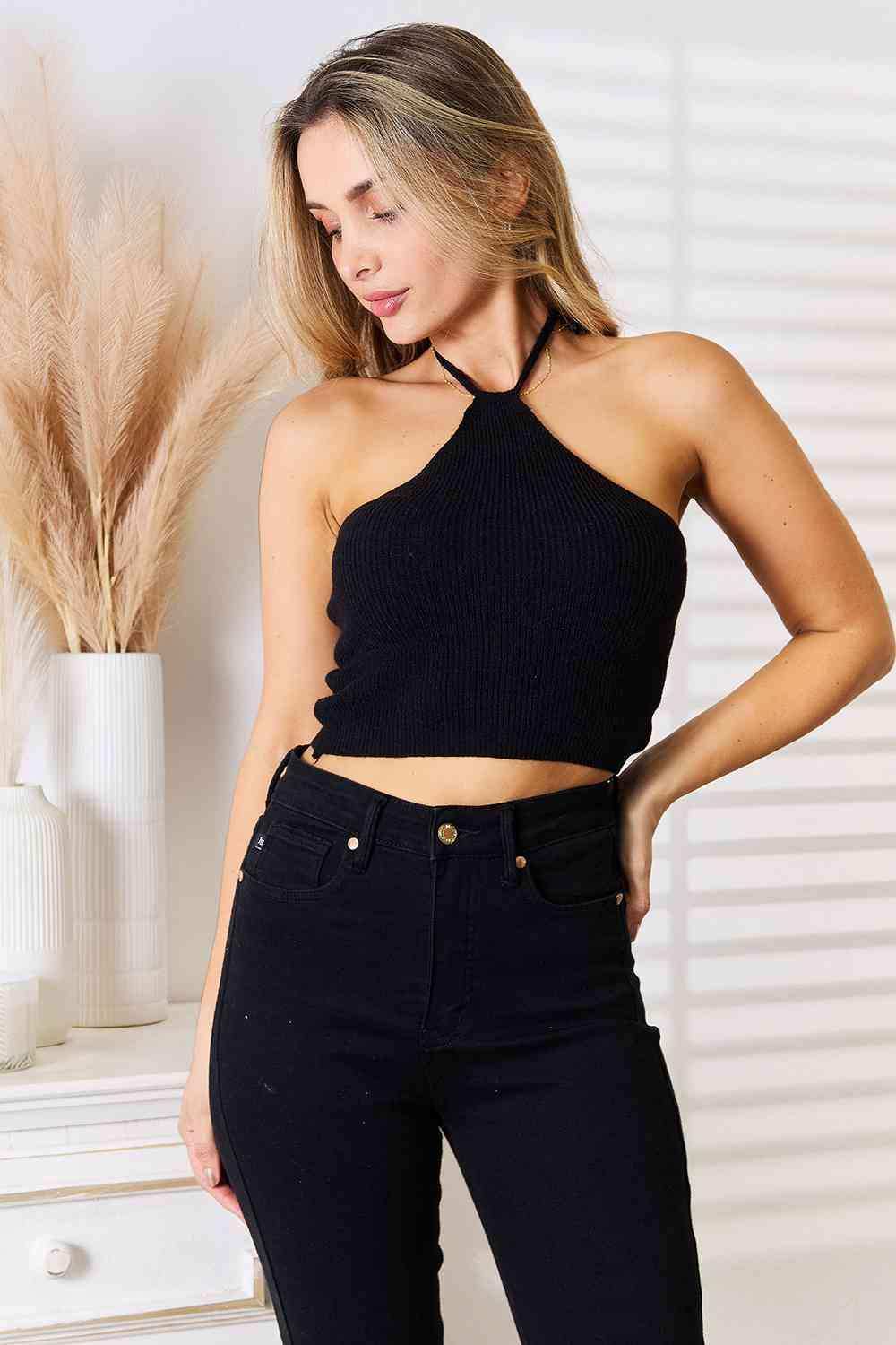 Basic Bae Halter Neck Ribbed Cropped Knit Top - Trendsi - Flyclothing LLC
