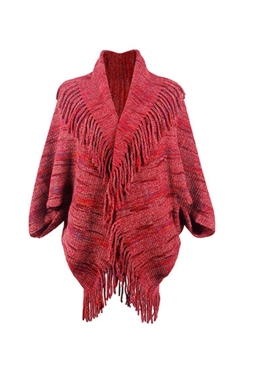 Fringe Detail Printed Poncho - Trendsi - Flyclothing LLC