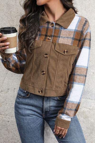 Plaid Button Up Collared Neck Jacket - Trendsi - Flyclothing LLC