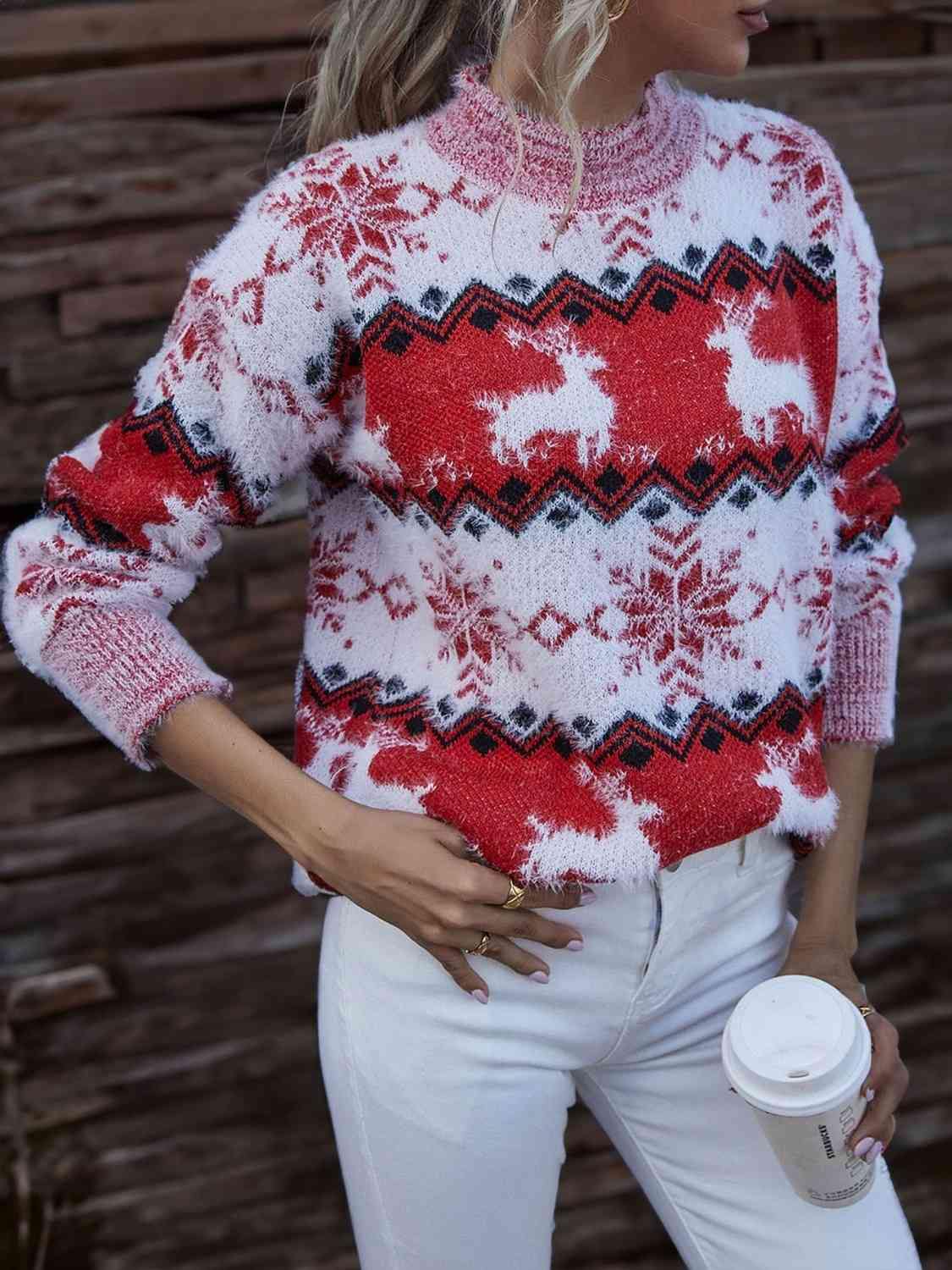 Reindeer & Snowflake Round Neck Sweater - Trendsi