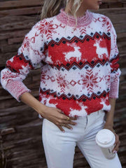 Reindeer & Snowflake Round Neck Sweater - Trendsi