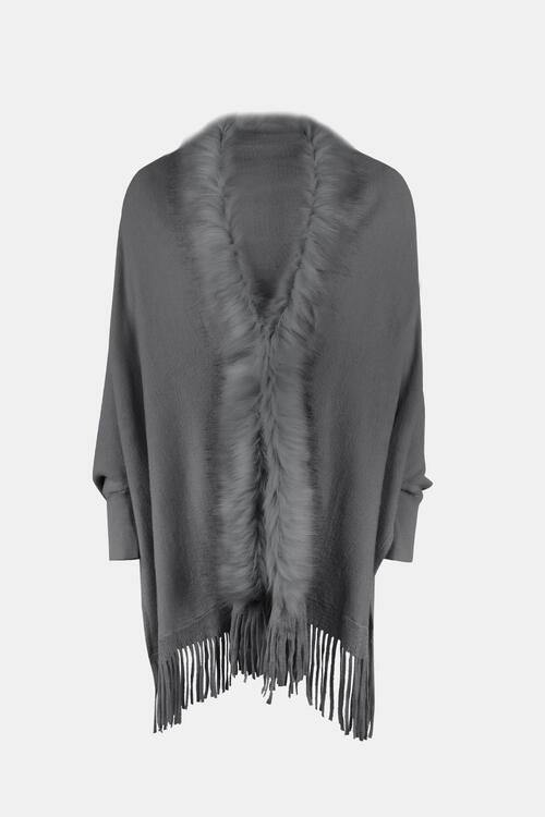 Fringe Open Front Long Sleeve Poncho - Trendsi