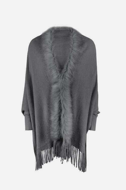Fringe Open Front Long Sleeve Poncho - Trendsi - Flyclothing LLC