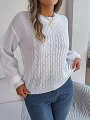 Cable-Knit Round Neck Long Sleeve Sweater - Trendsi
