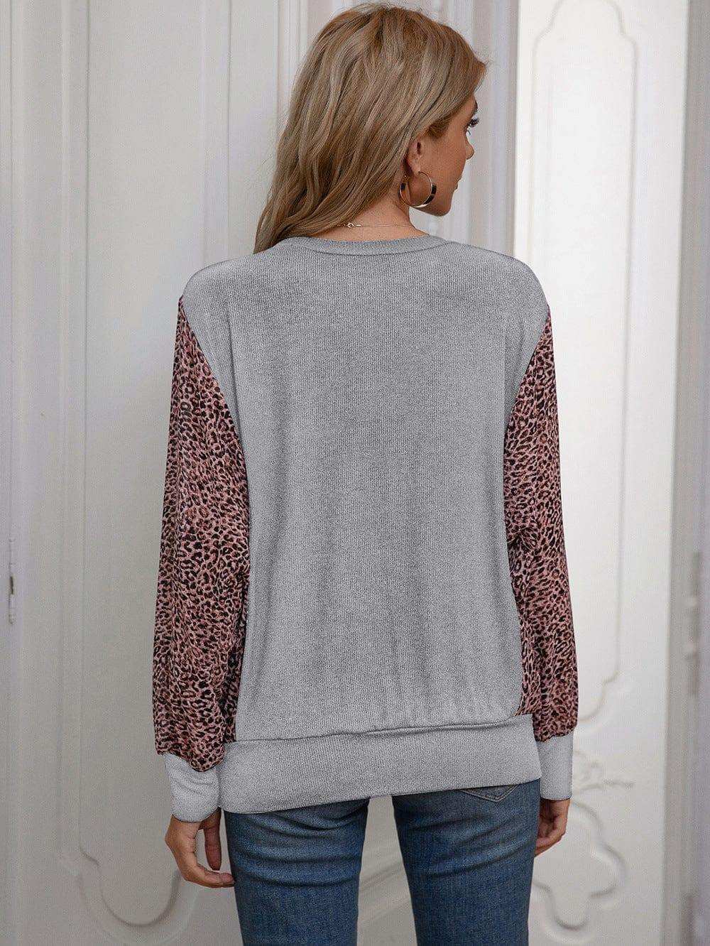 Leopard Print Round Neck Dolman Sleeve Blouse - Trendsi - Flyclothing LLC