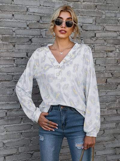 Leopard V-Neck Decorative Button Long Sleeve Blouse - Trendsi - Flyclothing LLC