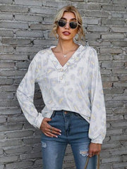 Leopard V-Neck Decorative Button Long Sleeve Blouse - Trendsi