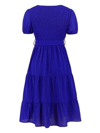 Smocked Tie Front Short Sleeve Tiered Dress - Flyclothing LLC