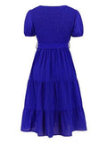 Smocked Tie Front Short Sleeve Tiered Dress - Trendsi - Flyclothing LLC