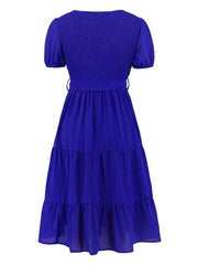 Smocked Tie Front Short Sleeve Tiered Dress - Flyclothing LLC