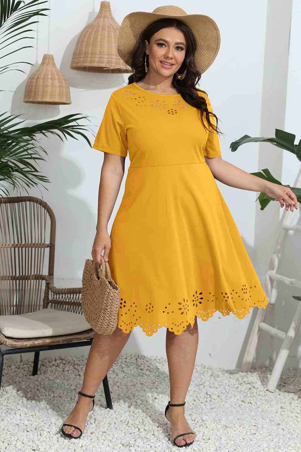 Plus Size Round Neck Openwork Dress - Trendsi - Flyclothing LLC