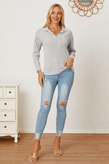 Collared Neck Dropped Shoulder T-Shirt - Trendsi