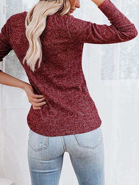Round Neck Buttoned Long Sleeve T-Shirt - Trendsi - Flyclothing LLC