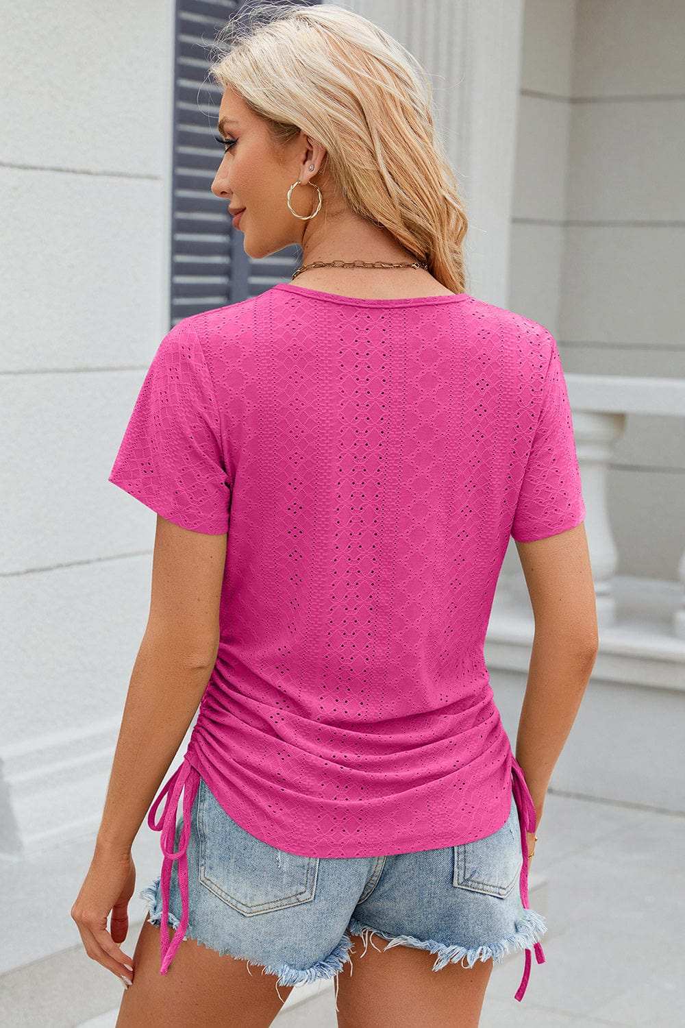 Eyelet Round Neck Short Sleeve T-Shirt - Trendsi - Flyclothing LLC