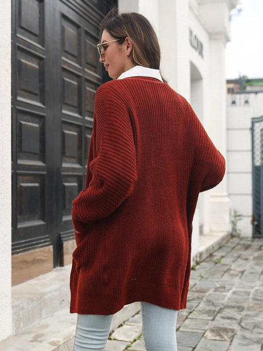 Open Front Rib-Knit Cardigan with Pockets - Trendsi