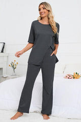 Slit Round Neck Top and Pants Lounge Set - Flyclothing LLC