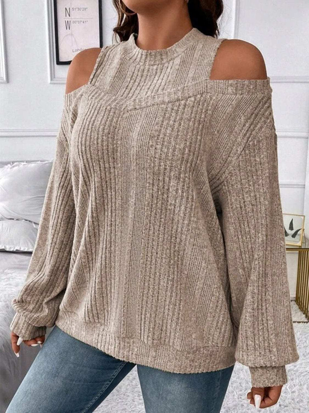 Round Neck Cold Shoulder Sweater - Trendsi - Flyclothing LLC