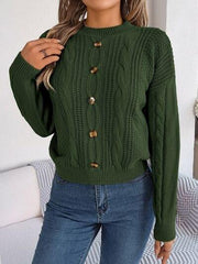 Cable-Knit Buttoned Round Neck Sweater - Trendsi