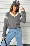 Contrast Openwork Long Sleeve V-Neck Sweater - Trendsi - Flyclothing LLC