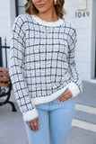 Plaid Round Neck Long Sleeve Pullover Sweater - Trendsi