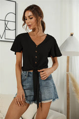 Decorative Button V-Neck Tied Blouse - Trendsi - Flyclothing LLC