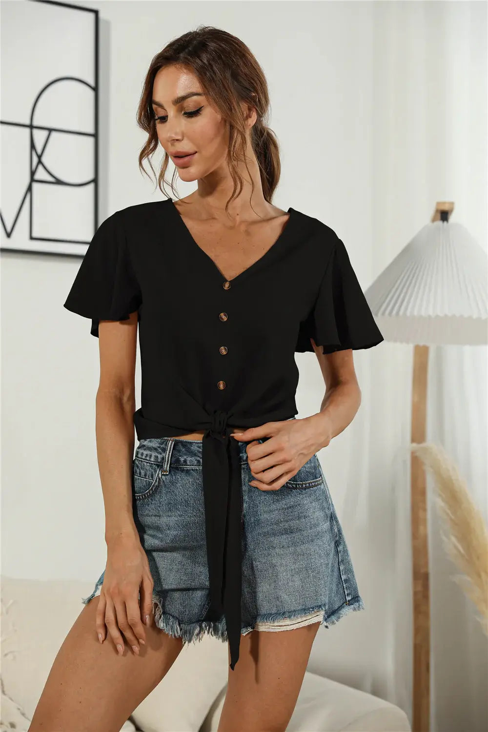 Decorative Button V-Neck Tied Blouse - Trendsi - Flyclothing LLC