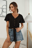 Decorative Button V-Neck Tied Blouse - Trendsi - Flyclothing LLC