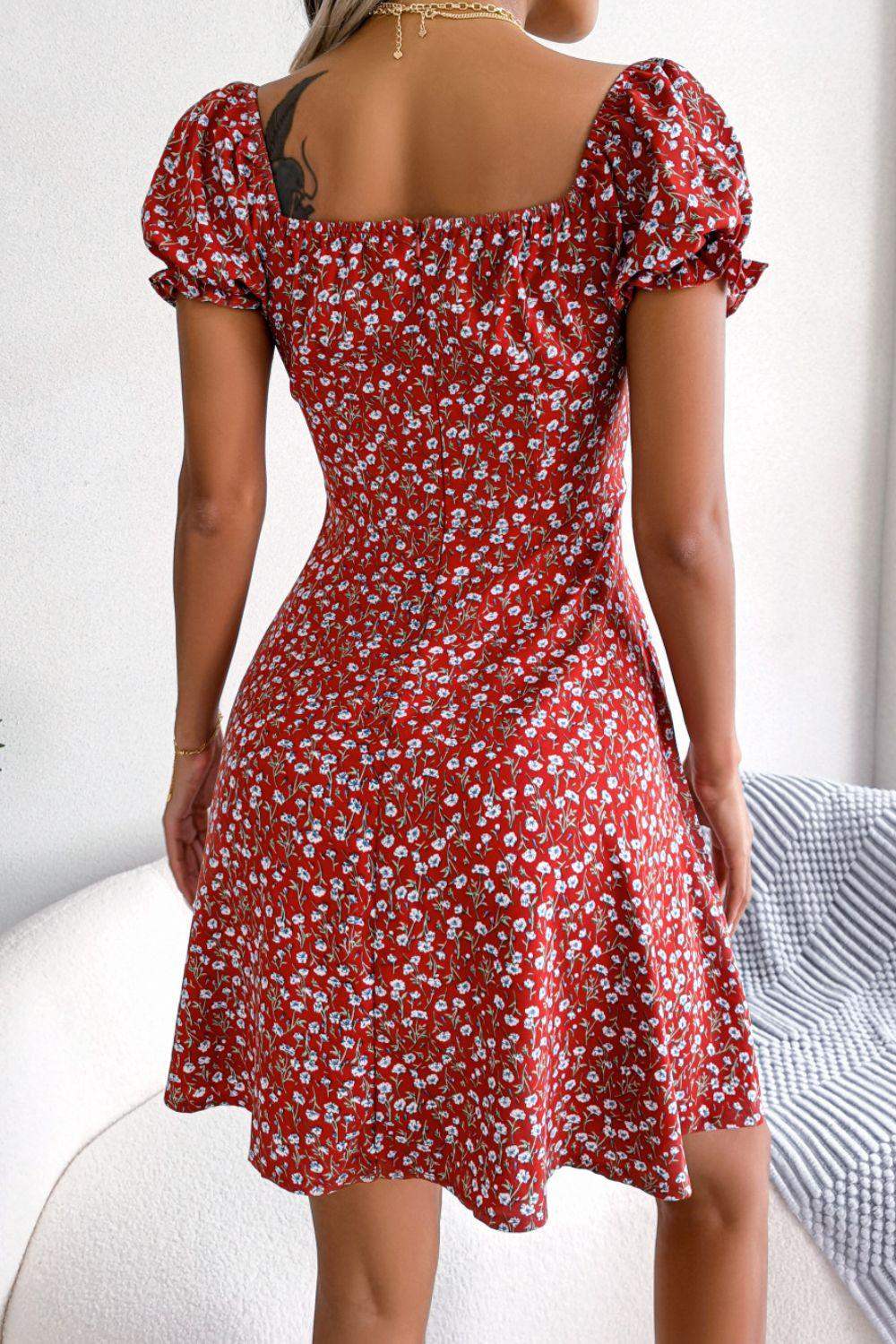 Ditsy Floral Drawstring A-Line Dress - Trendsi - Flyclothing LLC
