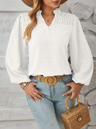 Ruched Swiss Dot Notched Balloon Sleeve T-Shirt - Trendsi - Flyclothing LLC