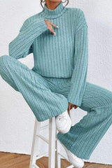 Mock Neck Dropped Shoulder Top and Pants Set - Trendsi - Flyclothing LLC