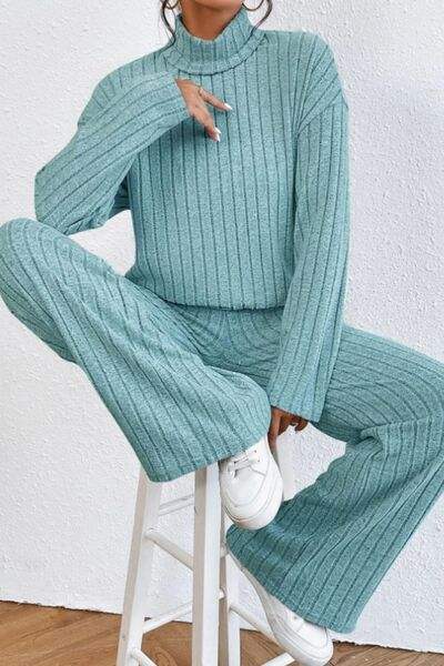 Mock Neck Dropped Shoulder Top and Pants Set - Trendsi - Flyclothing LLC
