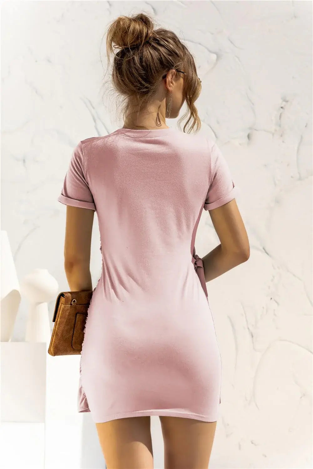Round Neck Cuffed Sleeve Side Tie Dress - Trendsi - Flyclothing LLC