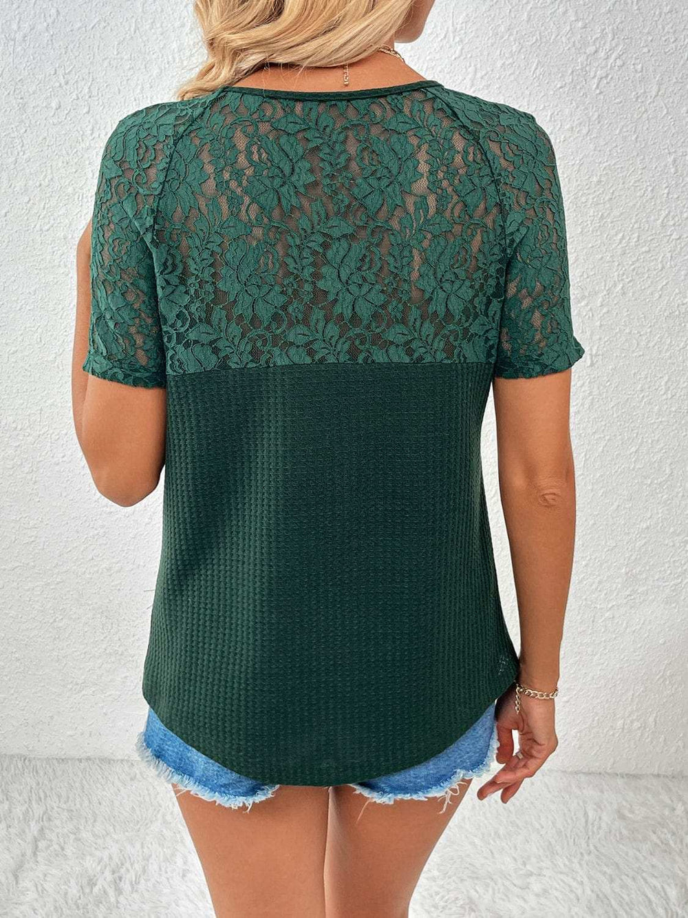 Lace Detail V-Neck Short Sleeve T-Shirt - Trendsi - Flyclothing LLC