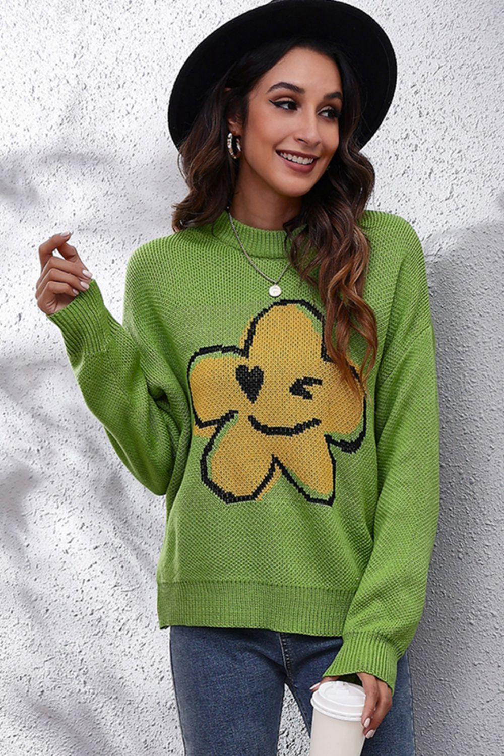 Flower Graphic Drop Shoulder Sweater - Trendsi