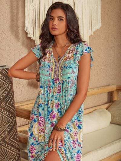 Ruffled Printed Tie Neck Cap Sleeve Dress - Trendsi - Flyclothing LLC