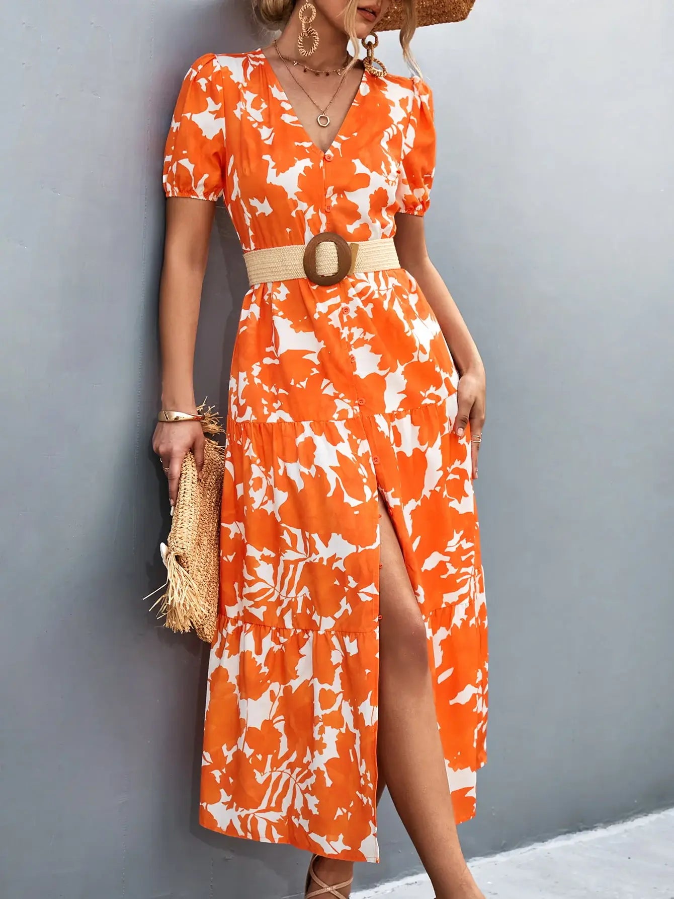 V-Neck Short Sleeve High Slit Midi Dress - Trendsi - Flyclothing LLC