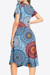 Printed Round Neck Short Sleeve Dress with Pockets - Trendsi