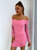 Glitter Ruched Off-Shoulder Long Sleeve Bodycon Dress - Trendsi - Flyclothing LLC