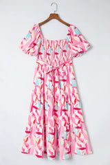Printed Square Neck Tied Smocked Dress - Trendsi - Flyclothing LLC